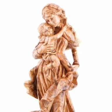 Virgin Mary olive wood statue from Bethlehem hand carved, 20.5 inch detail of the carved base