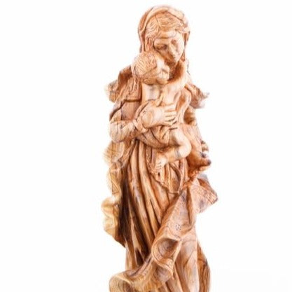 Virgin Mary olive wood statue from Bethlehem hand carved, 20.5 inch display angle of the Holy Land piece