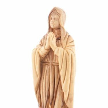 Virgin Mary olive wood statue from Bethlehem hand carved, 9.1 inch close detail of the hand carved work