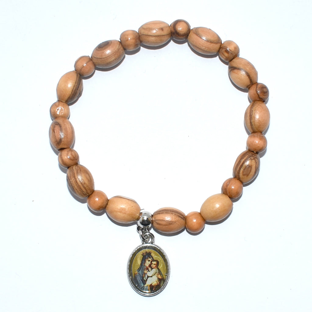 Oval Olive Wood 9*6 mm Beads Bracelet with Virgin Mary and Baby Jesus