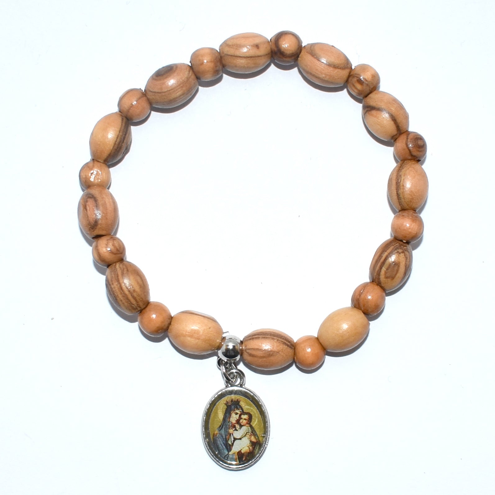 Oval Olive Wood 9*6 mm Beads Bracelet with Virgin Mary and Baby Jesus