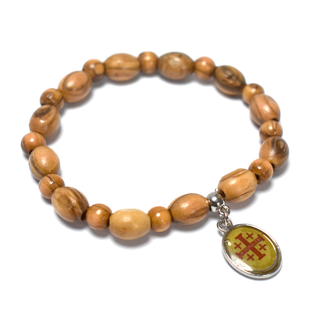 Oval Olive Wood 9*6 mm Beads Bracelet with Virgin Mary and Baby Jesus