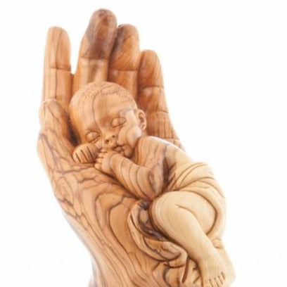 religious olive wood statue hand carved in Bethlehem, 12.4 inch detail of the carved base