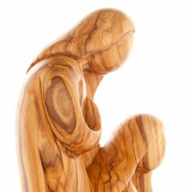 Holy Family olive wood statue hand carved in Bethlehem, 8.3 inch close detail of the hand carved work