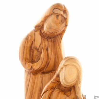 Holy Family olive wood statue hand carved in Bethlehem, 8.3 inch three quarter view of the religious piece