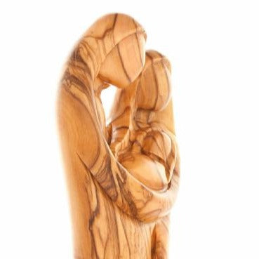 Holy Family olive wood statue hand carved in Bethlehem, 8.3 inch three quarter view of the religious piece