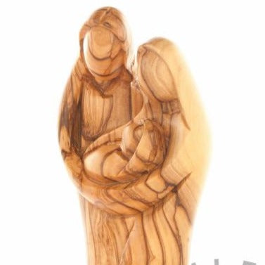 Holy Family olive wood statue hand carved in Bethlehem, 8.3 inch close detail of the hand carved work