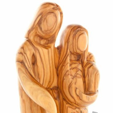 Holy Family olive wood statue hand carved in Bethlehem, 7.7 inch three quarter view of the religious piece