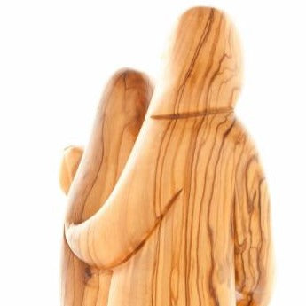 Holy Family olive wood statue hand carved in Bethlehem, 7.7 inch close detail of the hand carved work