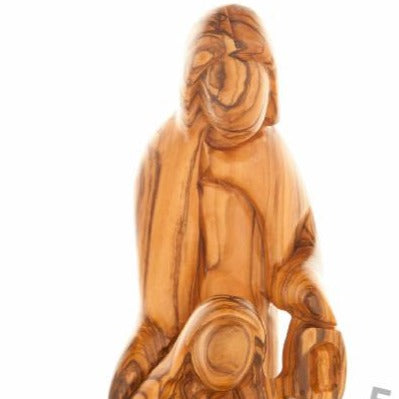 Holy Family olive wood statue hand carved in Bethlehem, 8.3 inch three quarter view of the religious piece
