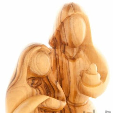 Holy Family olive wood statue hand carved in Bethlehem, 6.1 inch three quarter view of the religious piece