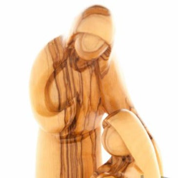 Holy Family olive wood statue hand carved in Bethlehem, 7.1 inch close detail of the hand carved work