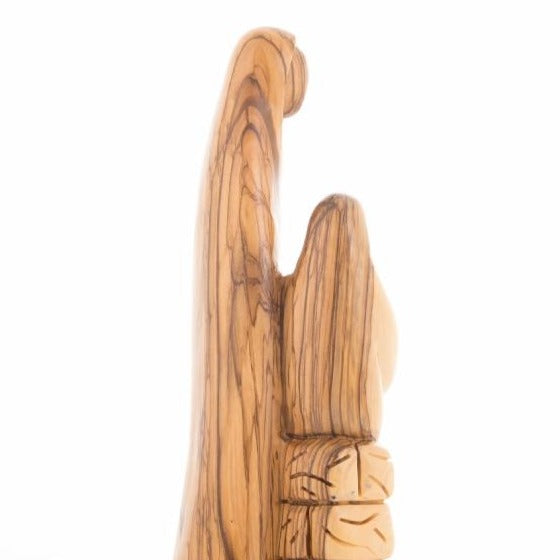 Holy Family olive wood statue hand carved in Bethlehem, 10.6 inch close detail of the hand carved work