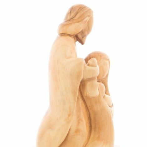 Holy Family olive wood statue hand carved in Bethlehem, 7.5 inch three quarter view of the religious piece