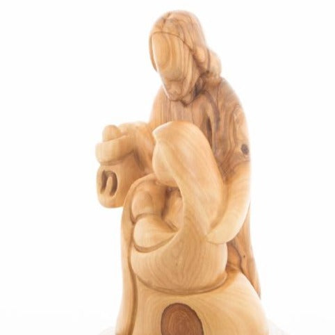 Holy Family olive wood statue hand carved in Bethlehem, 7.5 inch back view of the olive wood sculpture