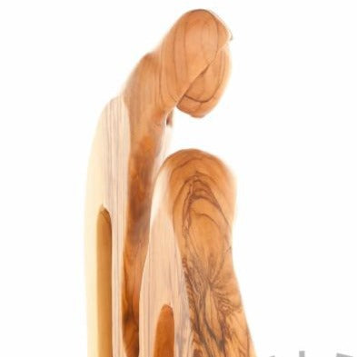 Holy Family olive wood statue hand carved in Bethlehem, 11.8 inch close detail of the hand carved work