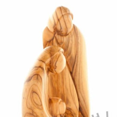Holy Family olive wood statue hand carved in Bethlehem, 7.9 inch three quarter view of the religious piece