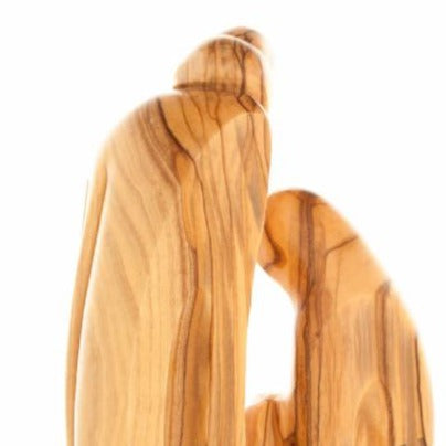 Holy Family olive wood statue hand carved in Bethlehem, 7.9 inch close detail of the hand carved work