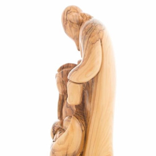Holy Family olive wood statue hand carved in Bethlehem, 9.8 inch three quarter view of the religious piece
