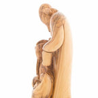 Holy Family olive wood statue hand carved in Bethlehem, 9.8 inch three quarter view of the religious piece