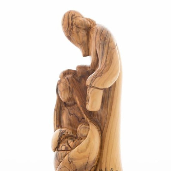Holy Family olive wood statue hand carved in Bethlehem, 9.8 inch close detail of the hand carved work