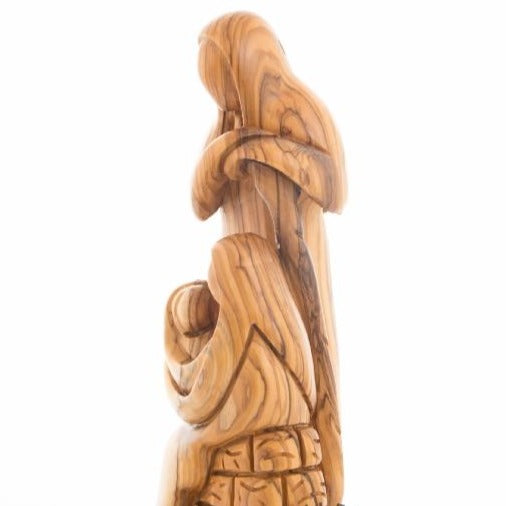 Holy Family olive wood statue hand carved in Bethlehem, 9.6 inch close detail of the hand carved work