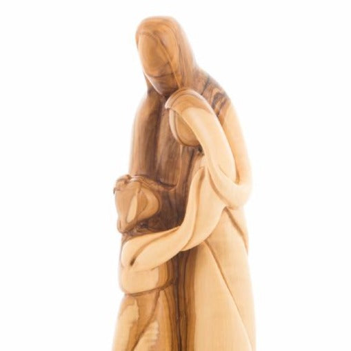 Virgin Mary olive wood statue from Bethlehem hand carved, 9.8 inch three quarter view of the religious piece