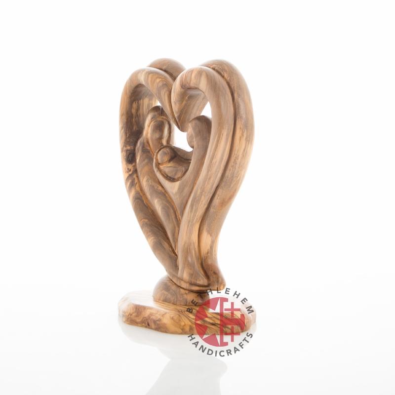 Holy Family olive wood statue hand carved in Bethlehem, 8.7 inch three quarter view of the religious piece