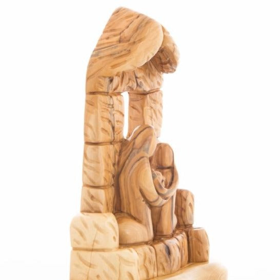 Olive Wood Manger with Abstract Holy Family Statue - Statuettes - Bethlehem Handicrafts