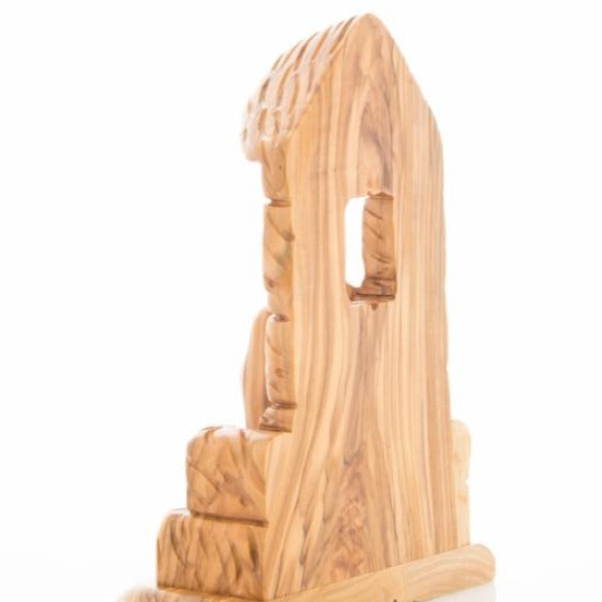 Olive wood nativity scene hand carved in Bethlehem, 8.5 inch opposite side angle of the religious sculpture