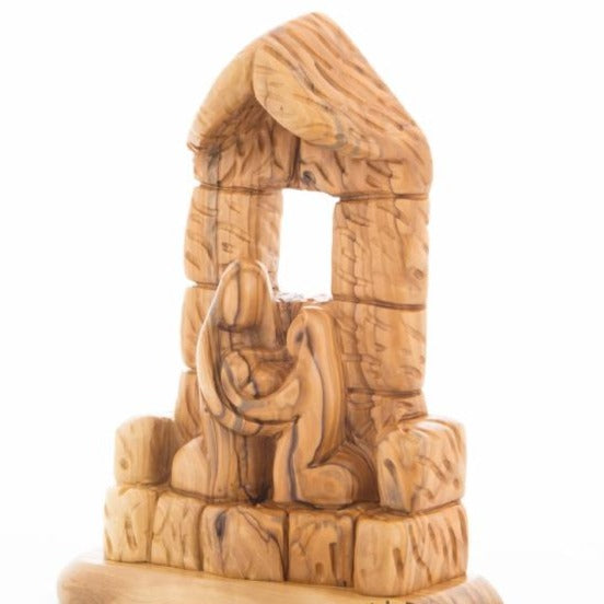 Olive wood nativity scene hand carved in Bethlehem, 8.5 inch close up showing the olive wood grain