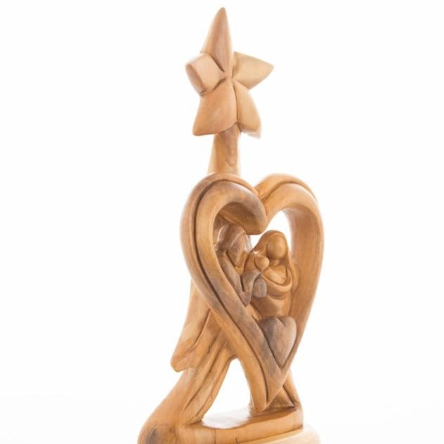 Holy Family olive wood statue hand carved in Bethlehem, 12.8 inch opposite side angle of the religious sculpture