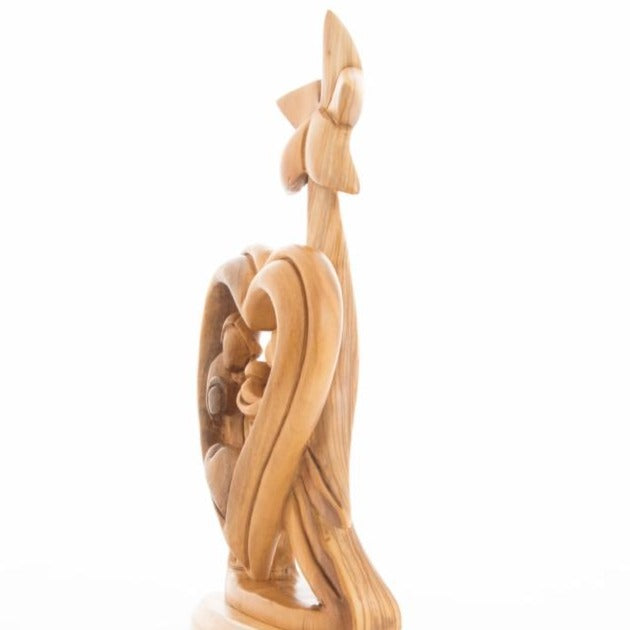 Holy Family olive wood statue hand carved in Bethlehem, 12.8 inch full height view of the masterpiece