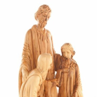 Holy Family olive wood statue hand carved in Bethlehem, 11.5 inch three quarter view of the religious piece