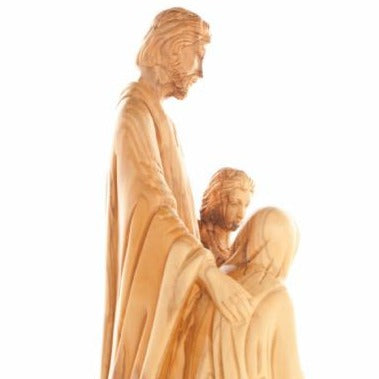 Holy Family olive wood statue hand carved in Bethlehem, 11.5 inch close detail of the hand carved work