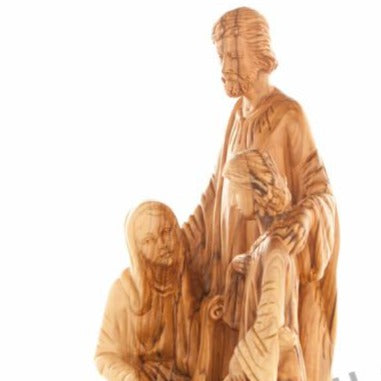 Holy Family olive wood statue hand carved in Bethlehem, 11.5 inch back view of the olive wood sculpture