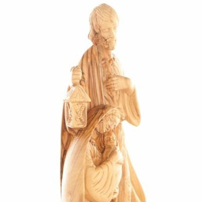Olive Wood Holy Family Holding a Lamp Statue with Base - Statuettes - Bethlehem Handicrafts