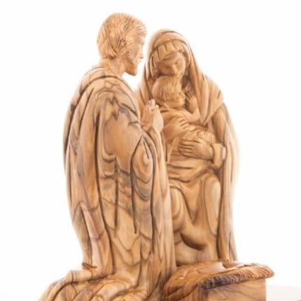 Olive wood nativity scene hand carved in Bethlehem, 8.7 inch three quarter view of the religious piece