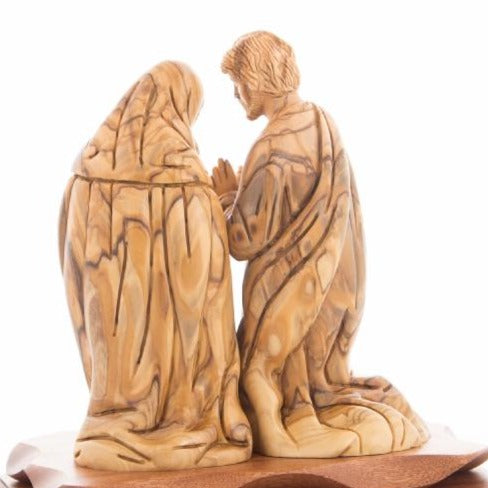 Olive wood nativity scene hand carved in Bethlehem, 8.7 inch back view of the olive wood sculpture