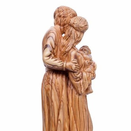 Holy Family olive wood statue hand carved in Bethlehem, 17.7 inch three quarter view of the religious piece