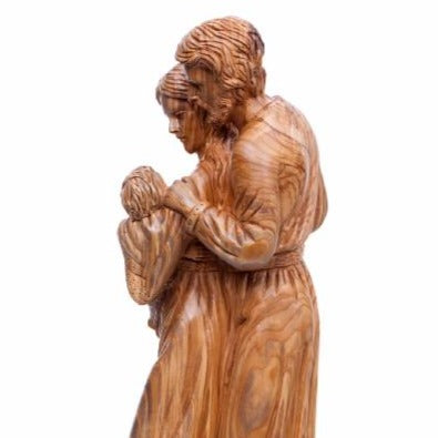 Holy Family olive wood statue hand carved in Bethlehem, 17.7 inch close detail of the hand carved work