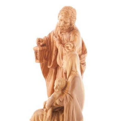 Olive Wood Holy Family Holding a Lamp Statue - Statuettes - Bethlehem Handicrafts
