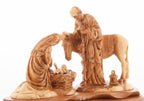 Olive wood nativity scene hand carved in Bethlehem, 15 inch top angle showing detail of the craftsmanship