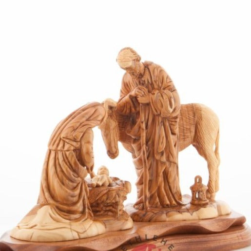 Olive wood nativity scene hand carved in Bethlehem, 15 inch lifestyle photo on display