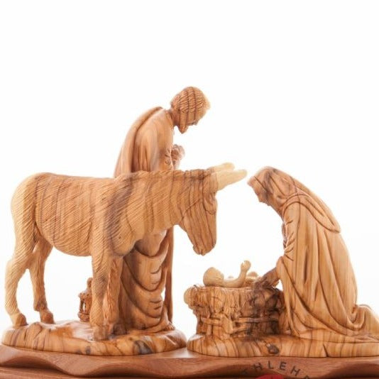 Olive wood nativity scene hand carved in Bethlehem, 15 inch natural light photo of the piece