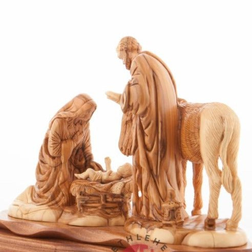 Olive wood nativity scene hand carved in Bethlehem, 15 inch close up showing the olive wood grain