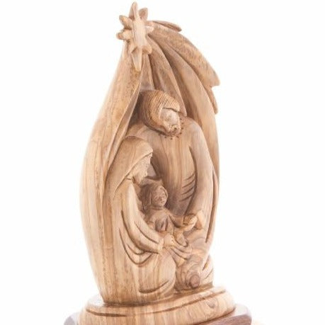 Holy Family olive wood statue hand carved in Bethlehem, 8.6 inch three quarter view of the religious piece