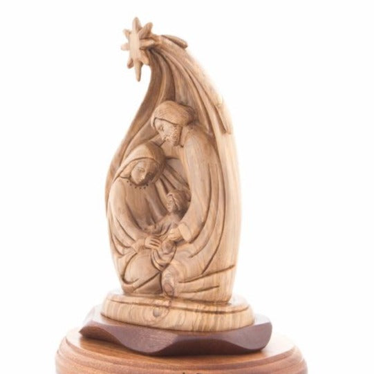 Holy Family olive wood statue hand carved in Bethlehem, 8.6 inch back view of the olive wood sculpture