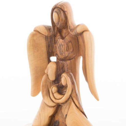 Olive Wood Guardian Angel with Holy Family Statue (Abstract) - Statuettes - Bethlehem Handicrafts