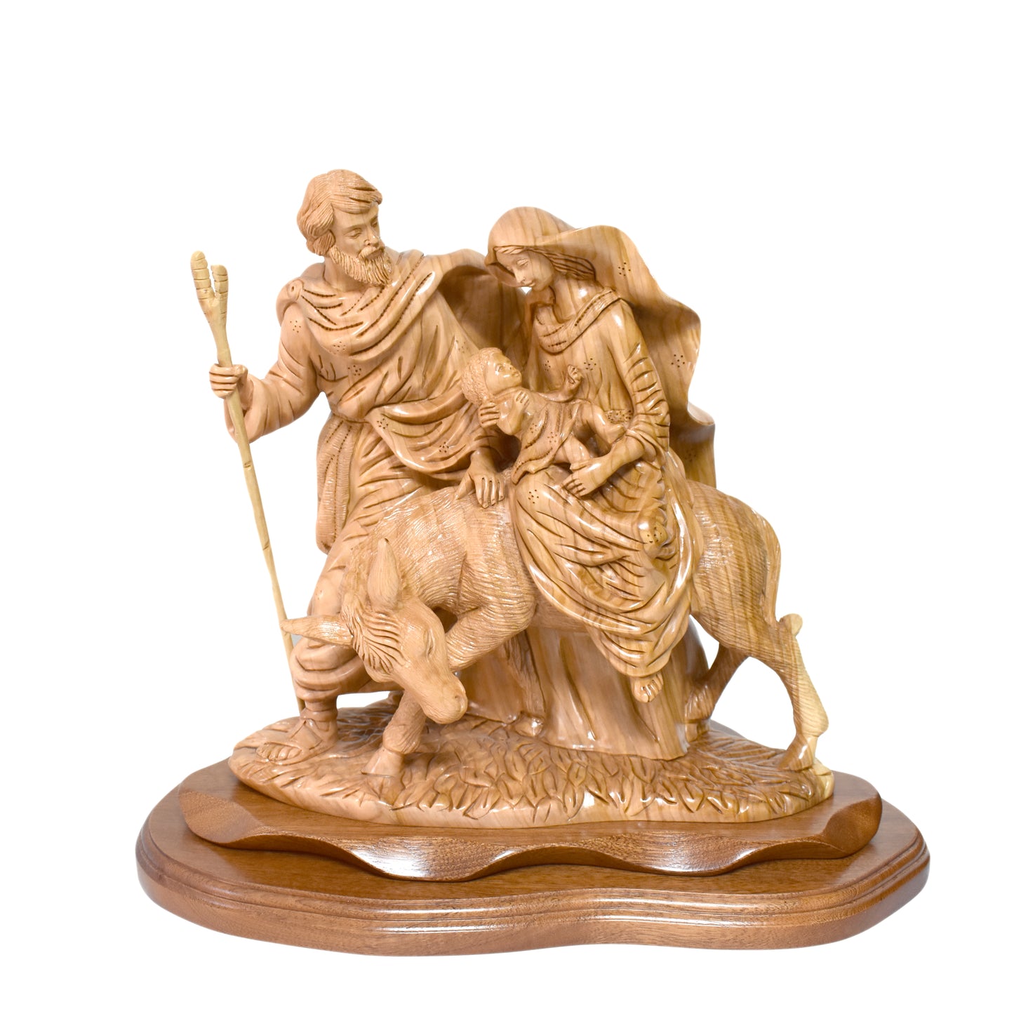 "The Flight into Egypt" St. Joesph with Virgin Mary Riding Donkey, 11"  Masterpiece Olive Wood Carving Sculpture Art from the Holy Land